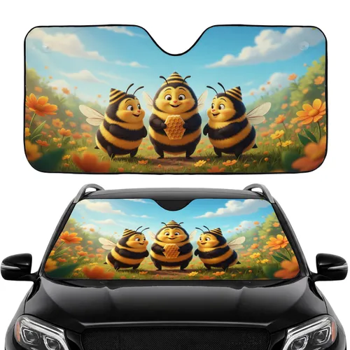 Three Striped Bumblebees Golden Honeycomb Flowers Meadow Blue Sky - Car Interior Upgrade Car Sunshade