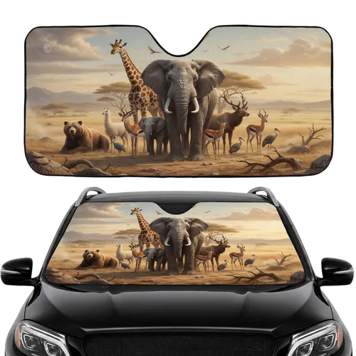 African Elephant Giraffe Bear Savanna Wildlife - Car Interior Upgrade for Animal Lovers Car Sunshade