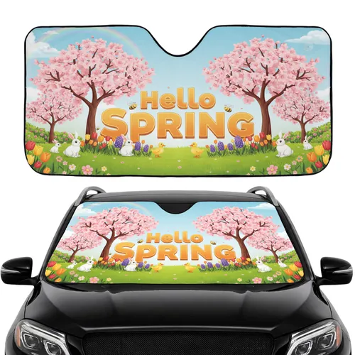 Hello Spring Cherry Blossom Rabbits Ducklings - Road Trip Gift Car Sunshade