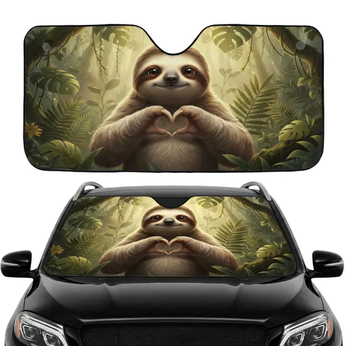 Fluffy Sloth Heart Hands Tropical Jungle - Road Trip Gift for Sloth Lover Car Sunshade