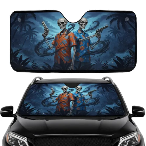 Menacing Skeletal Figures Hawaiian Pistols Tropical Twilight - Car Interior Upgrade Car Sunshade
