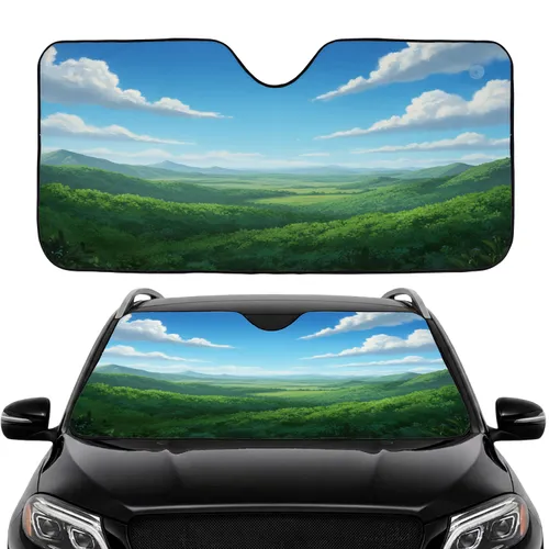Picturesque Expansive Green Hills Clear Blue Sky Cloud Landscape - Car Interior Upgrade Car Sunshade