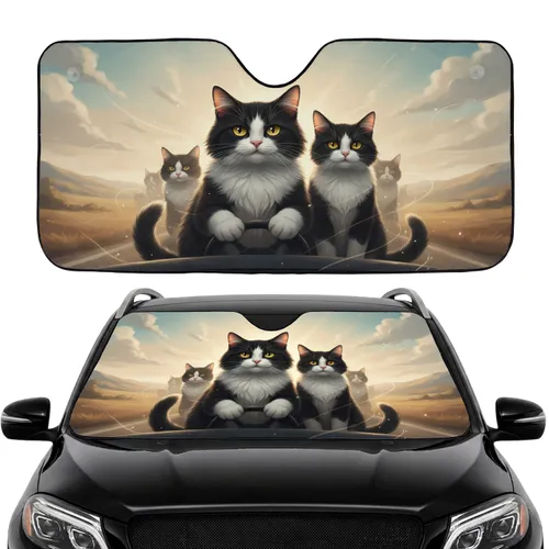 Realistic Fluffy Tuxedo Cats Driving - Road Trip Car Interior Upgrade for Cat Lover Car Sunshade
