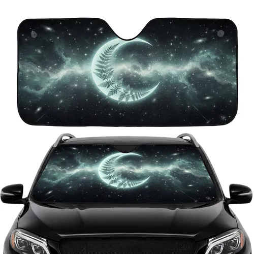 Mint Teal Crescent Moon Fern Twinkling Stars Cosmic Galaxy - Car Interior Upgrade Car Sunshade