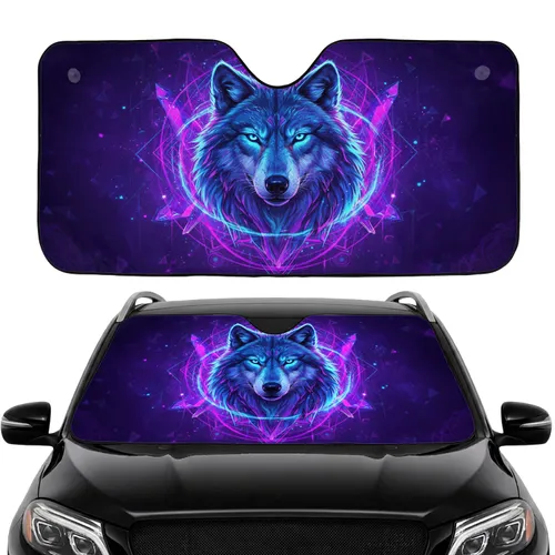 Majestic Electric Blue Purple Wolf Geometric Mandala Crystalline - Car Interior Upgrade Gift Car Sunshade