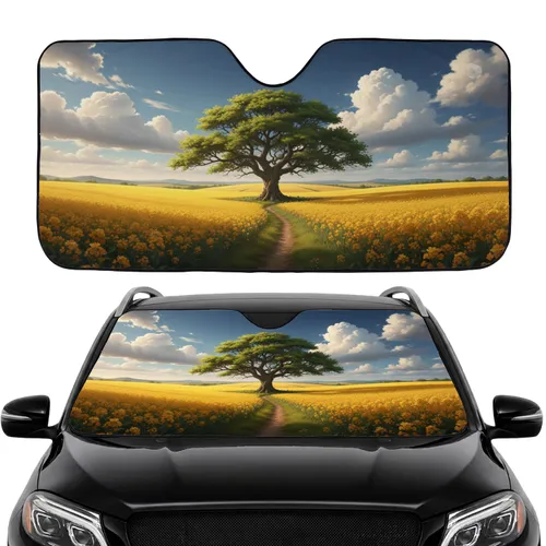 Lone Green Tree Golden Fields Blue Sky - Car Interior Upgrade Car Sunshade