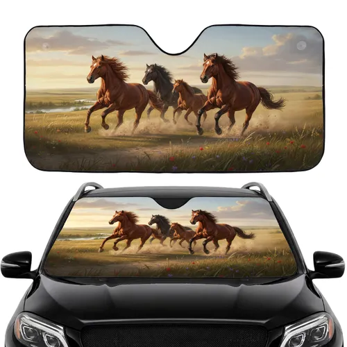 Galloping Wild Horses Grassland River - Road Trip Car Interior Upgrade Car Sunshade