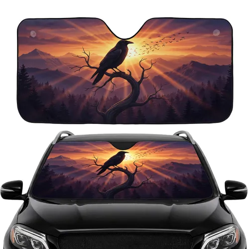 Crow Silhouette Gnarled Tree Sunset Mountain - Road Trip Accessory for Wildlife Lover Car Sunshade