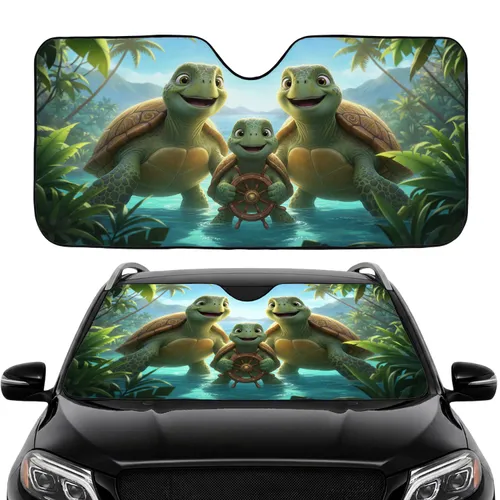 Happy Sea Turtle Family Tropical Ocean - Road Trip Gift for Turtle Lovers Car Sunshade
