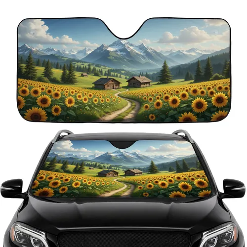 Winding Path Sunflower Fields Rustic Cabins Alpine Mountains - Road Trip Gift Car Sunshade