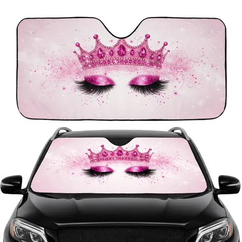 Sparkling Jeweled Crown Pink Eyelashes Car Interior Upgrade Car Sunshade