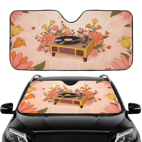 Retro 1960s Record Player Floral - Music Lover Road Trip Gift Car Sunshade