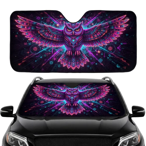 Majestic Cosmic Owl Geometric Tribal Glowing Neon - Car Interior Upgrade Car Sunshade