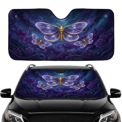 Golden Moth Glowing Wings Cosmic Nebula Floral - Car Interior Upgrade Car Sunshade