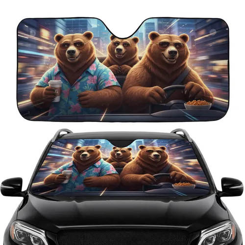 Grizzly Bears Driving Black Sunglasses Urban Cityscape Road Trip Gift Car Sunshade
