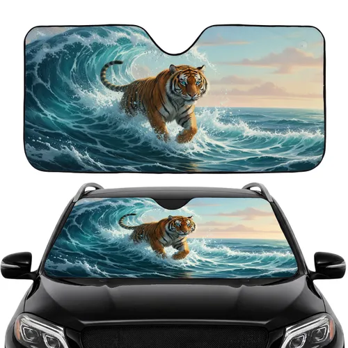 Powerful Tiger Mid-Stride Crashing Water - Wildlife Road Trip Accessory Car Sunshade