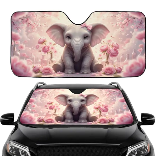 Baby Elephant Pink Bow Roses Peonies Car Interior Upgrade - Gift for Elephant Lovers Car Sunshade