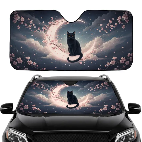 Black Cat Crescent Moon Cherry Blossom – Car Interior Upgrade Cat Lover Gift Car Sunshade