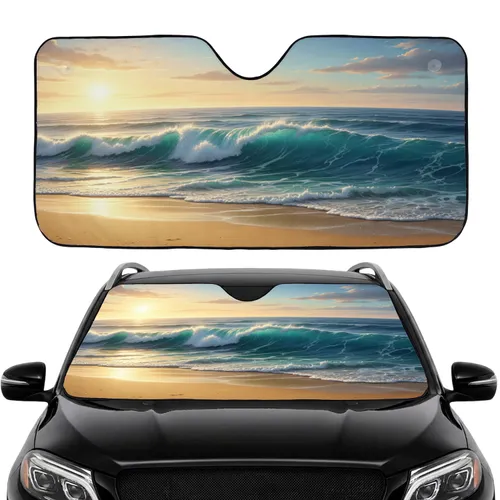 Powerful Foamy Ocean Wave Sandy Beach Sunrise Sunset Road Trip Travel Accessory Car Sunshade