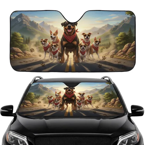 Seven Diverse Dogs Sunglasses Bandanas Mountain Road - Road Trip Gift for Dog Lovers Car Sunshade