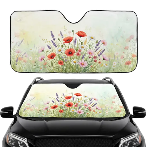 Poppies Daisies Lavender Wildflower Meadow - Car Interior Upgrade Road Trip Gift Car Sunshade