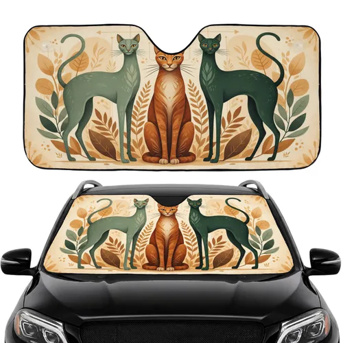 Three Orange Brown Teal Green Cats Botanical - Car Interior Upgrade Cat Lover Gift Car Sunshade