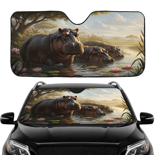 Majestic Hippopotamus Water Lily River Landscape - Wildlife Lover Car Interior Upgrade Car Sunshade