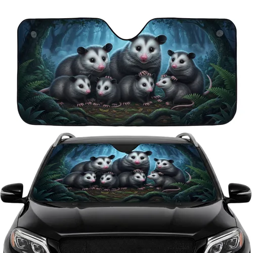 North American Opossums Family Dappled Moonlight Forest - Road Trip Accessory Car Sunshade