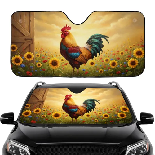 Majestic Rooster Sunflowers Barn Door - Car Interior Upgrade for Farmhouse Decor Car Sunshade