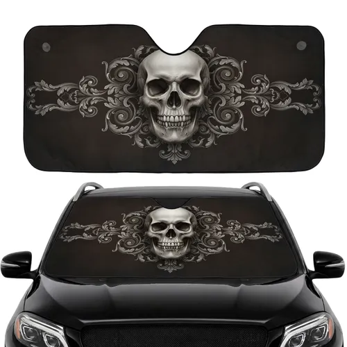 Aged Grunge Human Skull Baroque Acanthus Leaf Scrolls - Car Interior Upgrade Car Sunshade
