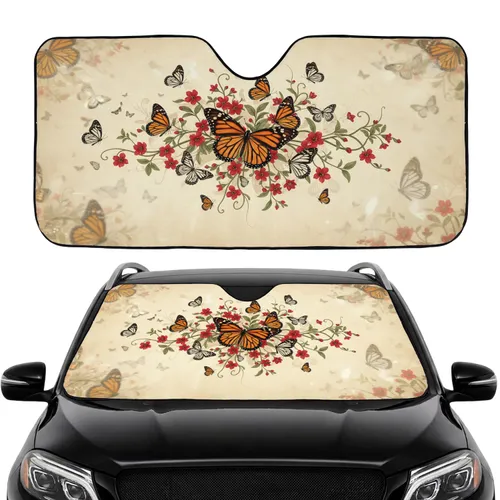 Monarch Butterflies Floral Vines Crimson Blossoms - Road Trip Gift Car Sunshade
