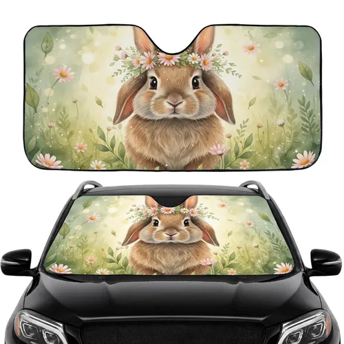 Fluffy Brown Bunny Wildflower Crown Spring Meadow - Car Interior Upgrade for Bunny Lover Car Sunshade