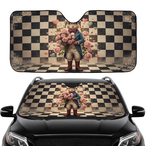 Fantasy Rabbit Rose Bouquet Floating Hearts Checkerboard - Car Interior Upgrade Car Sunshade