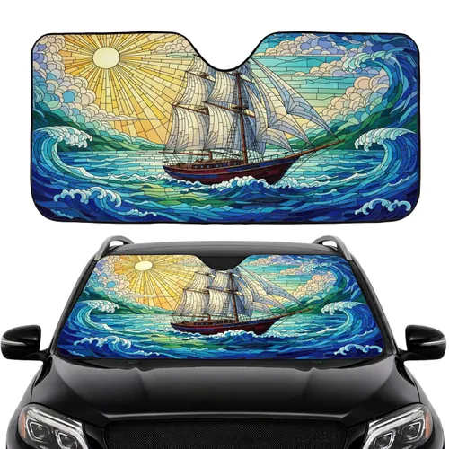 Sailboat White Sails Dark Hull Ocean Waves Swells Sky Sun - Car Interior Upgrade Road Trip Gift Car Sunshade