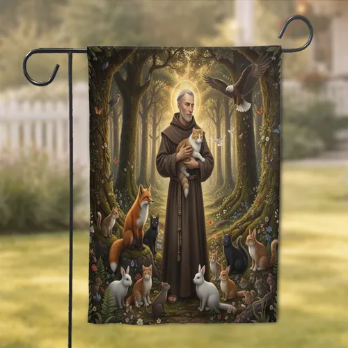 St. Francis Figure Tabby Cat Woodland Animals - Nature Lover Home Decor Gift Garden Flag