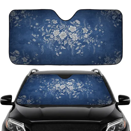 Delicate White Floral Vines Leaves Indigo Blue - Car Interior Upgrade Road Trip Gift Car Sunshade