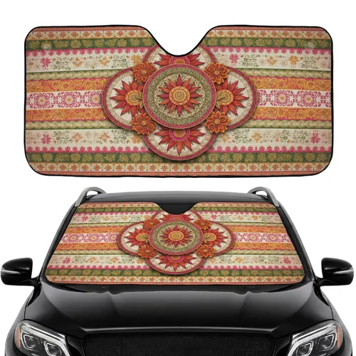 Bohemian Sun Flower Emblems Ornate Foliage Stripes - Car Interior Upgrade Car Sunshade