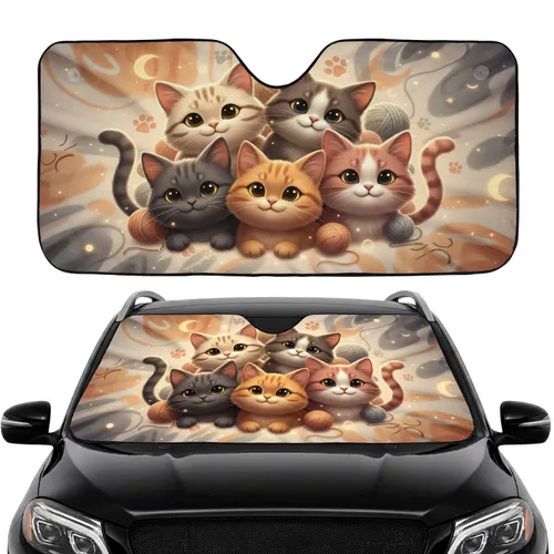 Diverse Cartoon Cat Faces Paw Prints Yarn Balls - Auto Road Trip Gift for Cat Lover Car Sunshade