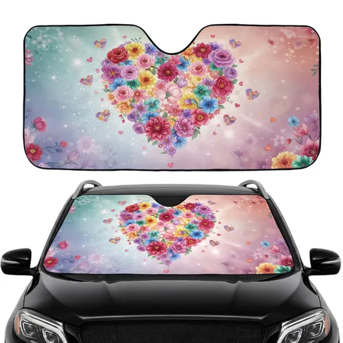 Intricate Vibrant Watercolor Floral Heart Bloom Love Symbol - Car Interior Upgrade for Drivers Car Sunshade