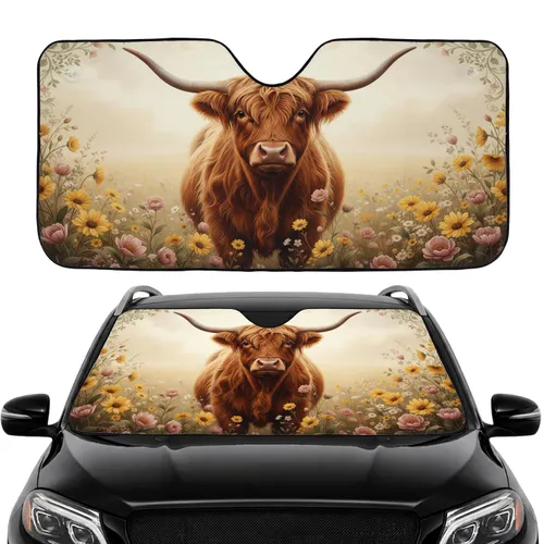 Highland Cow Wildflower Meadow - Car Interior Upgrade for Cow Lover Car Sunshade