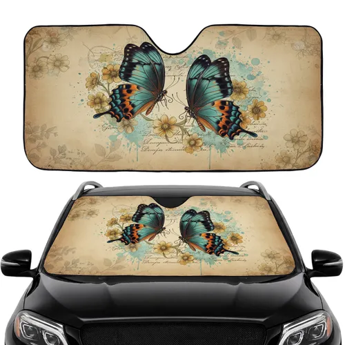 Butterflies Vintage Flowers Script Parchment - Car Interior Upgrade Road Trip Accessory Car Sunshade