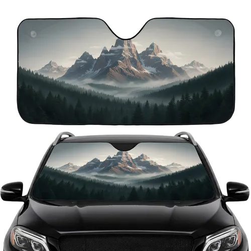 Rugged Alpine Mountains Snowy Peaks Pine Forest Mist - Car Interior Upgrade Car Sunshade