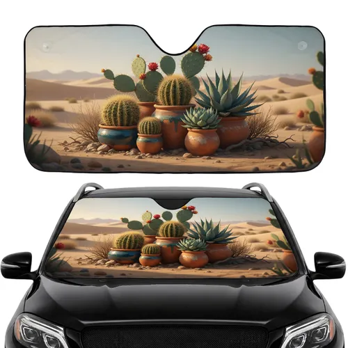 Flowering Cacti Succulents Terracotta Pots Desert Scene - Car Interior Upgrade Car Sunshade