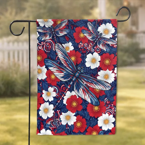 Iridescent Dragonfly Zinnia Twilight Garden - Garden Decor Gift for Wildlife Lover Garden Flag