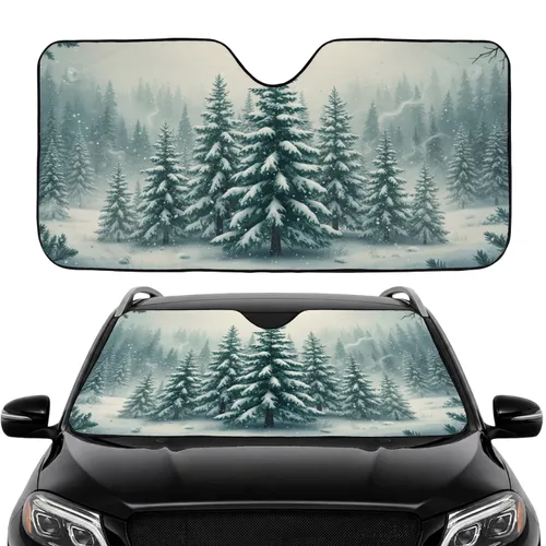 Majestic Snowy Pine Forest Winter Mist Road Trip Essential Car Sunshade