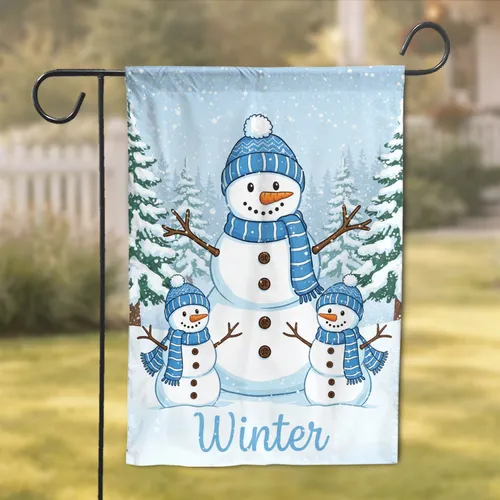 Family Snowmen Blue Striped Hats Winter Forest - Winter Home Decor Garden Flag