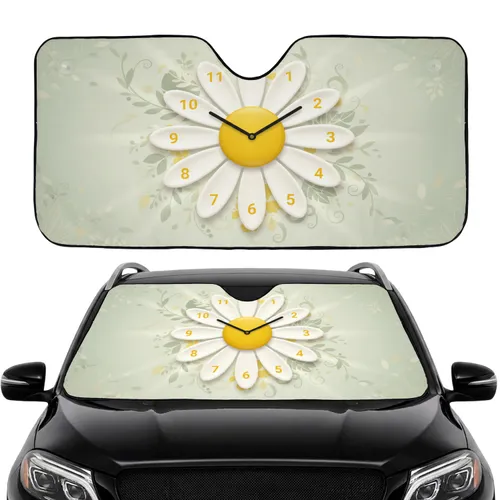 White Daisy Clock Numerical Floral Botanical Commute Accessory Car Sunshade
