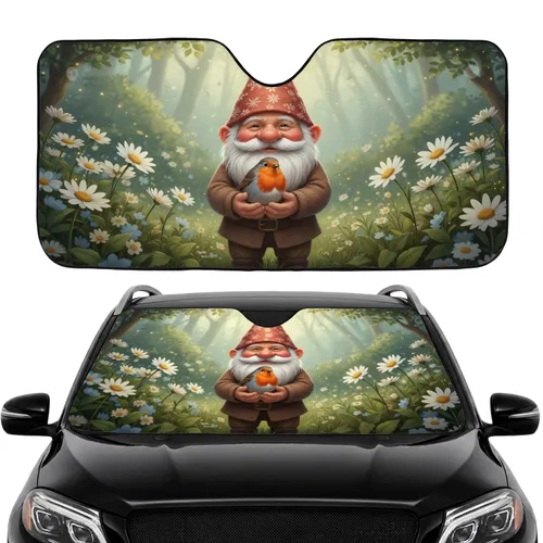Aged Garden Gnome Cradling Robin Daisy Flowers Forest Floor - Road Trip Essentials Car Sunshade