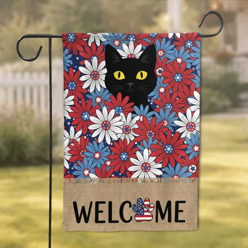 Black Cat Patriotic Welcome Independence Day Home Decor Gift for Cat Lover Garden Flag