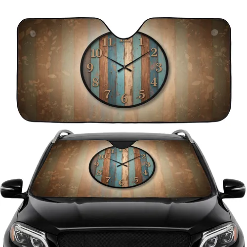Distressed Wood Plank Clock Rustic Blue Teal Brown - Car Interior Upgrade Car Sunshade